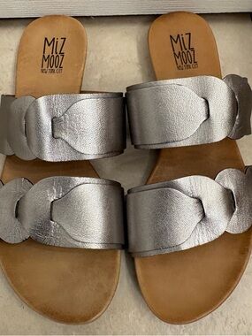 Miz Mooz Metallic Silver Leather Double Band Slide Sandals